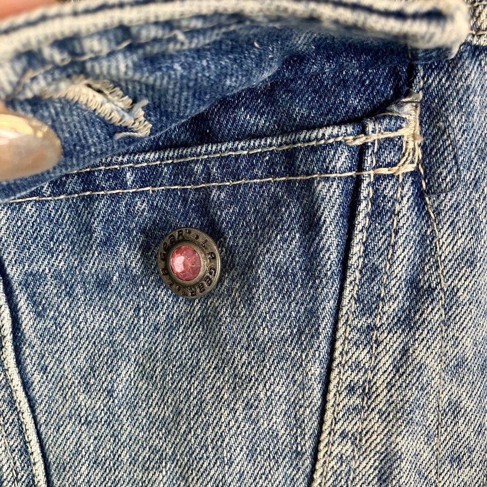 Vintage L.A. Gear Denim Jacket Cropped 80s 90s Logo Patch Teal Pink Y2K Style M - Picture 5 of 16